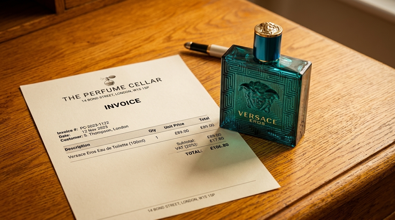 A perfume bottle beside a printed invoice on a warm neutral surface