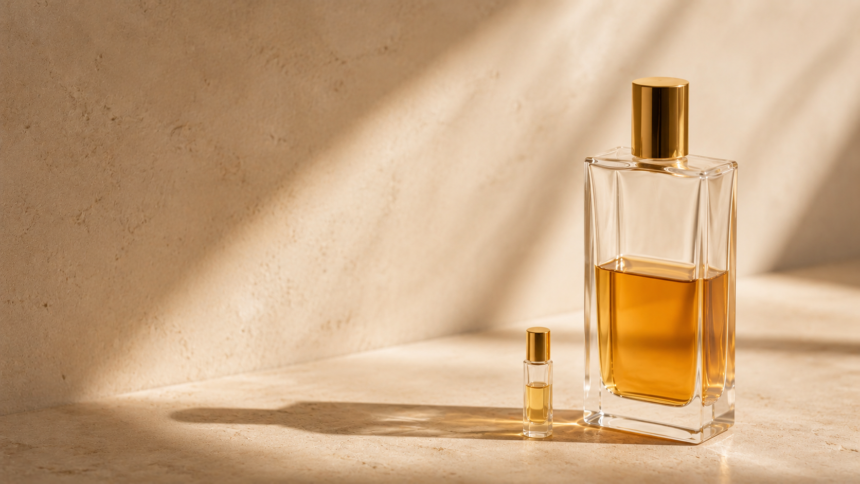 A row of perfume bottles on a warm neutral surface with price tags visible