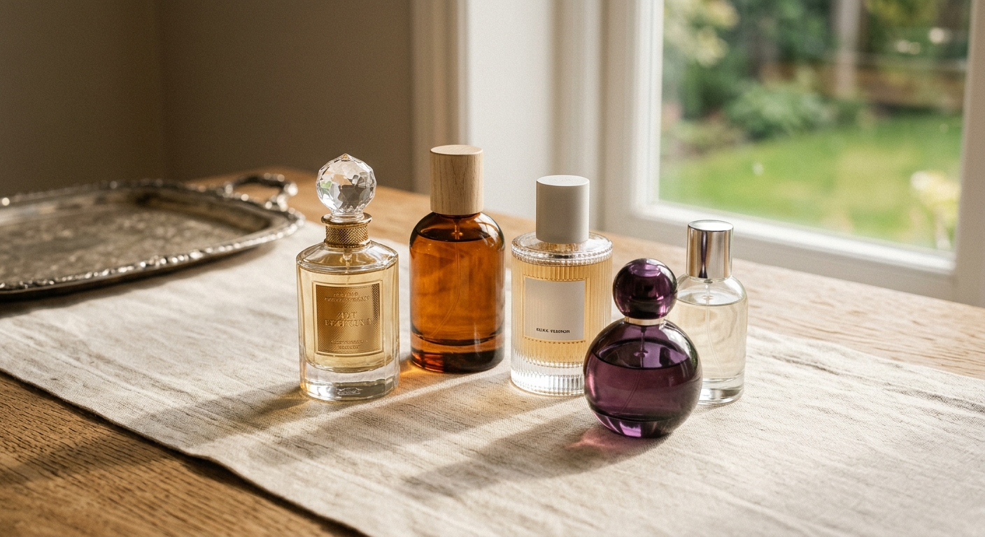 Several perfume bottles arranged on a warm neutral surface in daylight