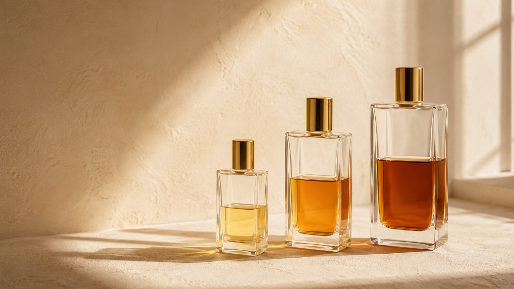 Three perfume bottles of different sizes arranged on a warm neutral surface