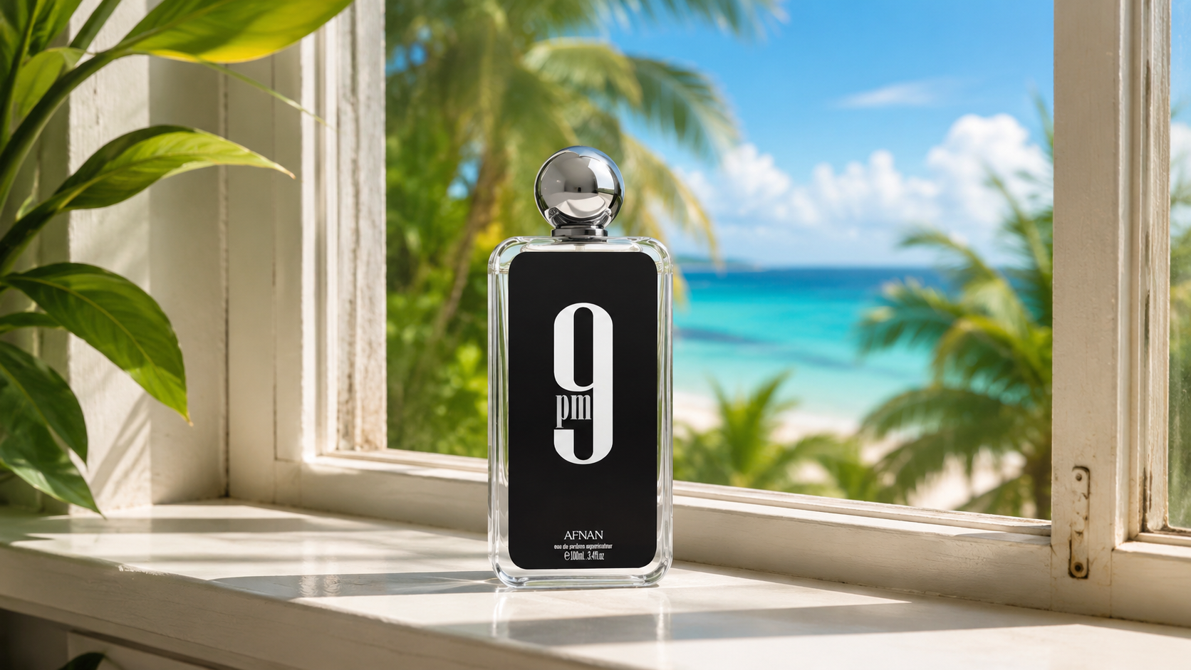 A perfume bottle on a windowsill in bright tropical daylight